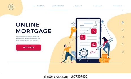 Mortgage online landing page. Borrowers sign loan contract by e-signature. People affix an electronic signature to mortgage agreement on phone screen. Web concept vector illustration, flat design