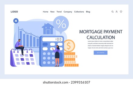 Mortgage Payment Calculation concept. Woman uses calculator alongside growth chart, assessing house loan interest rates and monthly payments. Strategic financial planning. Flat vector illustration.