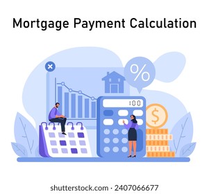 Mortgage Payment Calculation concept. Woman uses calculator alongside growth chart, assessing house loan interest rates and monthly payments. Strategic financial planning. Flat vector illustration.