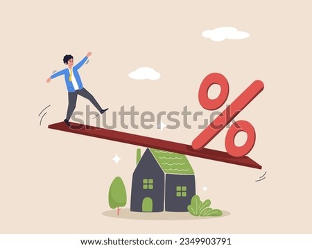 Mortgage payment concept, financial risk. House loan interest rate or balance between income and debt or loan payment, businessman trying to balance with mortgage interest rate percentage on the house