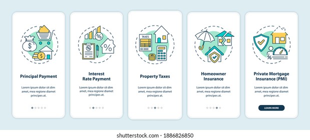 Mortgage Payment Elements Onboarding Mobile App Page Screen With Concepts. Principal Payment, Property Taxes Walkthrough 5 Steps Graphic Instructions. UI Vector Template With RGB Color Illustrations