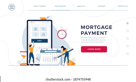 Mortgage payment homepage template. Borrowers pay regular fees online, making notice in calendar. Keep up with monthly payments concept for web design. Cartoon people, flat style, vector illustration