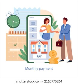 Mortgage Payment Online Concept. Man Pay Monthly Interest And Principal Fee. Keep Up For Monthly Regular Payments Vector Illustration For Website Design. Modern Flat Tiny People Vector Illustration