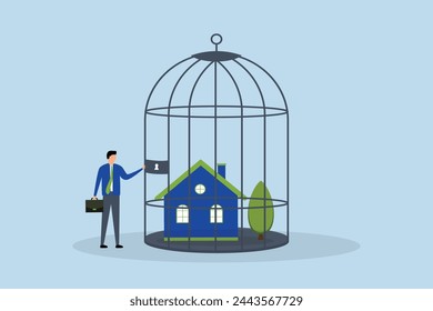 Mortgage payment problem, anxious homeowner businessman stands in a locked birdcage in his house.