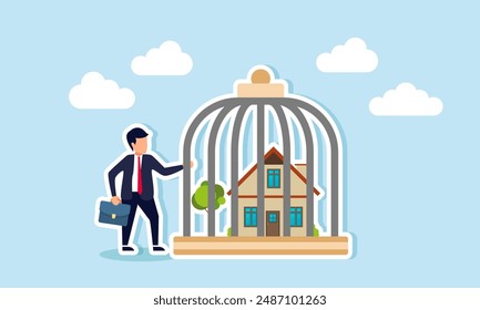 Mortgage payment problems and housing debt during an economic crisis, concept of A worried homeowner businessman stands by his house, locked inside a birdcage