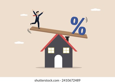 Mortgage payments, home loan interest rates, financial risk concept, businessman trying to balance with mortgage interest rate percentage on home.