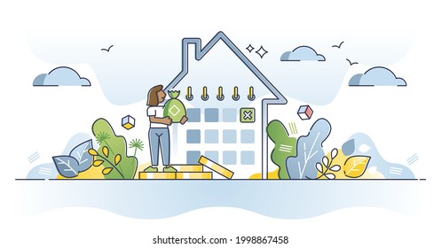 Mortgage payments as loan payback for home purchase deal outline concept. Schedule calendar with monthly money transaction plans vector illustration. Debt as home property redeem obligation for bank.