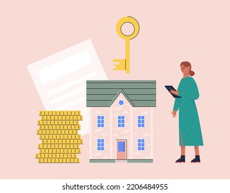 Proceso hipotecario. Personaje recibiendo claves de casa. Ilustración vectorial en un estilo plano