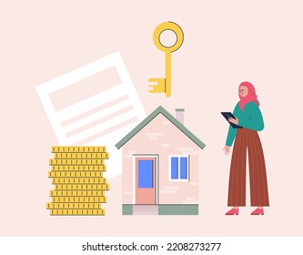 Mortgage process. Character receiving house keys. Vector illustration in a flat style