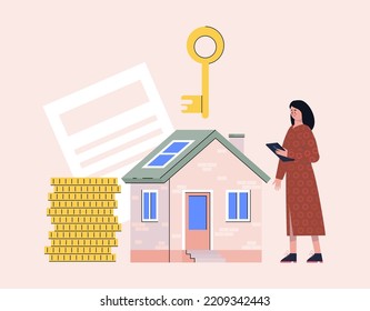 Mortgage process. Character receiving house keys. Vector illustration in a flat style