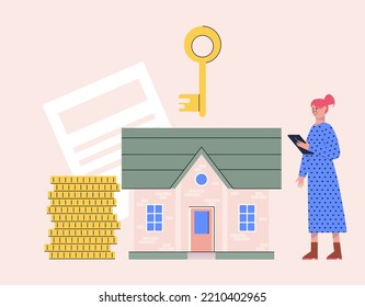 Proceso hipotecario. Personaje recibiendo claves de casa. Ilustración vectorial en un estilo plano