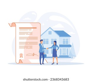 Mortgage process, Characters buying property with mortgage, receiving bank approval, signing contact and legal documents, flat vector modern illustration