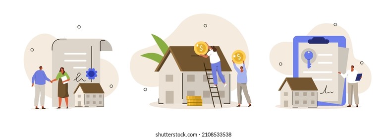 Mortgage process illustration set. Characters buying property with mortgage, receiving bank approval, signing contact and legal documents. Vector illustration.