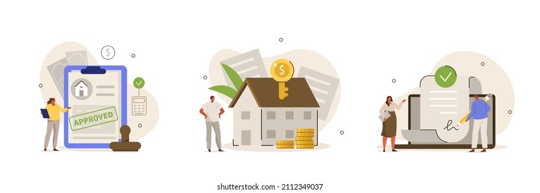 Mortgage process illustration set. People buying property with mortgage.  Characters getting bank approval, signing contact and legal documents and receiving house keys. Vector illustration.