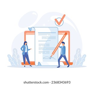 Mortgage process, People buying property with mortgage, getting bank approval, signing contract and legal documents and receiving house keys. flat vector modern illustration