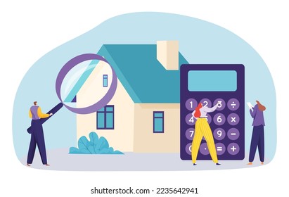 Mortgage property concept, vector illustration, flat tiny man woman people character stand near home, count real estate rent, investment.