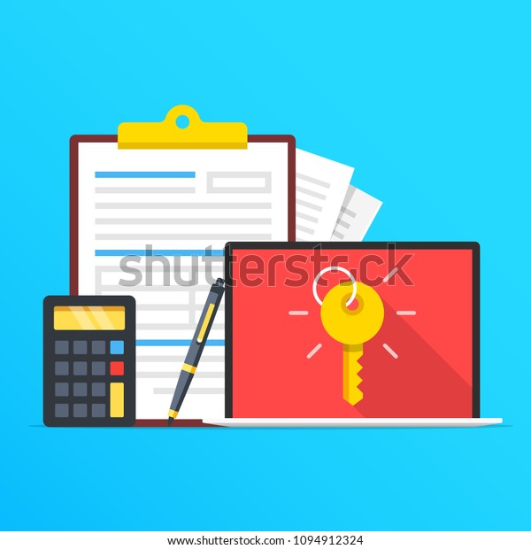 Mortgage, real estate, booking, rent\
apartments online concepts. Clipboard with loan application, rental\
application, calculator, pen and laptop with key on screen. Flat\
design. Vector\
illustration