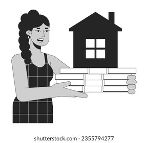 Mortgage for real estate bw concept vector spot illustration. Woman holding cash for buying house 2D cartoon flat line monochromatic on white for web UI design. Editable isolated color hero image