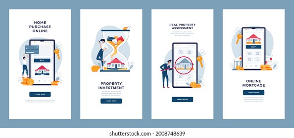 Mortgage, Real estate concepts set. House buying online, property assessment, appraisal, investment. Real estate purchase, mortgage banners collection for website development. Flat vector illustration