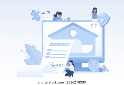 Mortgage real estate contract. Business people signing signatures to buy or rent property using a mortgage. House Loan, Rent and Mortgage concept. Flat vector design illustration.