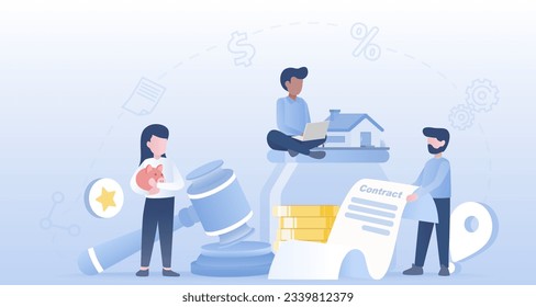 Mortgage real estate contract is legally binding agreement in a property transaction. Purchase, rental, or mortgage of a property, payment terms and conditions. Flat vector design illustration.