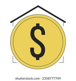 Mortgage for real estate flat line color isolated vector object. Big golden coin inside room. Editable clip art image on white background. Simple outline cartoon spot illustration for web design