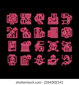 Mortgage Real Estate neon light sign vector. Mortgage Agreement Contract Signing And Handshake, House Research And Buying Illustrations