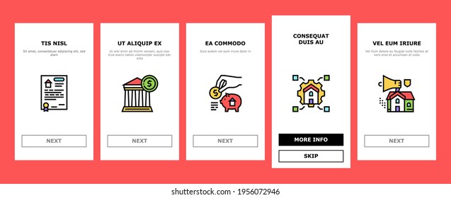 Mortgage Real Estate Onboarding Mobile App Page Screen Vector. Mortgage Agreement Contract Signing And Handshake, House Research And Buying Illustrations