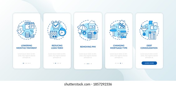 Mortgage refinance benefits onboarding mobile app page screen with concepts. Lowering monthly payment, PMI walkthrough 5 steps graphic instructions. UI vector template with RGB color illustrations