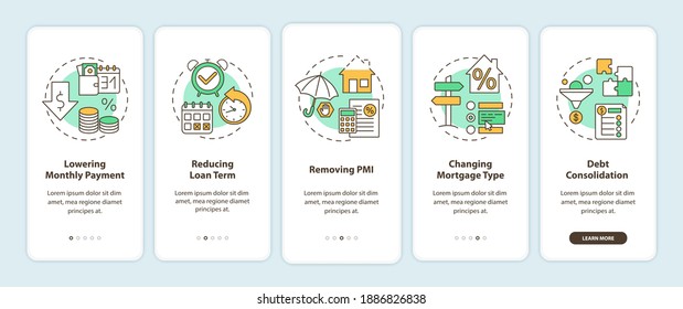 Mortgage refinance benefits onboarding mobile app page screen with concepts. Lowering payment, removing PMI walkthrough 5 steps graphic instructions. UI vector template with RGB color illustrations