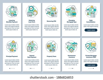 Mortgage refinance benefits onboarding mobile app page screen with concepts set. Payment elements walkthrough 5 steps graphic instructions. UI vector template with RGB color illustrations