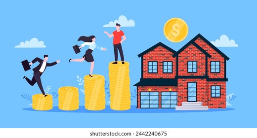 Mortgage refinance to buy a house flat style design business concept. Real estate property or mortgage loan investment. Business people climb money coin stack and home building vector illustration.