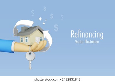 Mortgage refinance concept. Businessman hand holding house with refinancing arrow. Home loan, banking and financial service. 3D vector.