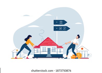 Mortgage refinance concept. Co-borrowers drag a home to the bank for house pawning with getting cash out. Property refinancing, house remortgage for web site design. Flat vector illustration