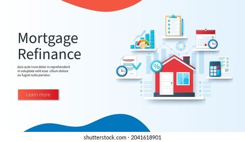 Mortgage refinance concept. A red house with a percent sign stands on a shelf. Account, increase graph, schedule, financial check, agreement icons. Web vector illustrations in 3D style