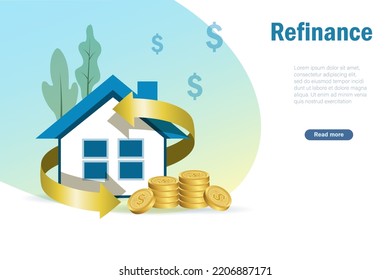 Mortgage Refinance, Home Loan Concept. Gold Arrow Around House With Stack Of Gold Coins. 