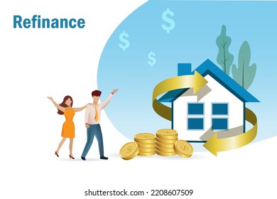 Mortgage refinance, home loan concept. Gold arrow around  house and happy couple with stack of gold coins. 