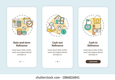 Mortgage refinance types onboarding mobile app page screen with concepts. Rate-and-term, cash-out refinance walkthrough 3 steps graphic instructions. UI vector template with RGB color illustrations