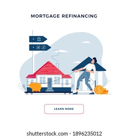Mortgage refinancing banner. Man drags a home to the bank for house pawning with getting cash out. Property re-mortgage, refunding concept for web, emailing design. Modern flat vector illustration