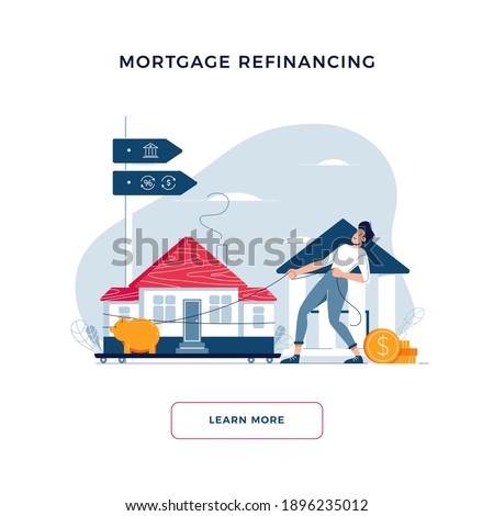 Mortgage refinancing banner. Man drags a home to the bank for house pawning with getting cash out. Property re-mortgage, refunding concept for web, emailing design. Modern flat vector illustration Photo stock © 