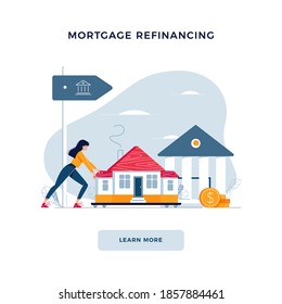 Mortgage refinancing banner. Woman drags a home to the bank for house pawning with getting cash out. Property re-mortgage, refunding concept for web, emailing design. Modern flat vector illustration