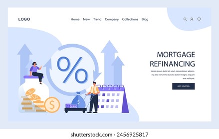 Mortgage Refinancing concept. Homeowners navigate interest rate changes, seeking better loan terms while visualizing potential savings. Smart financial move. Flat vector illustration.