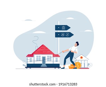 Mortgage refinancing concept. Man carries a home to the bank. Male character draggs a house for loan refunding with getting cash out. Vector illustration isolated, cartoon flat design