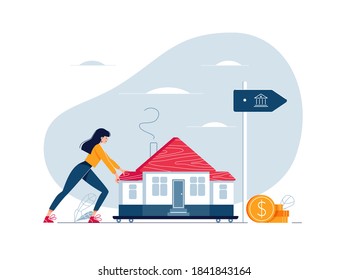 Mortgage refinancing concept. Woman carries a home to the bank. Female character drags a house for loan refunding with getting cash out. Vector illustration isolated on white, cartoon flat design