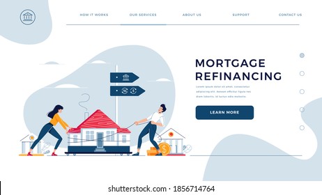 Mortgage refinancing homepage template. Co-borrowers push, drag a home to the bank for house pawning with getting cash out. Property refinance, re-mortgage for website design. Flat vector illustration