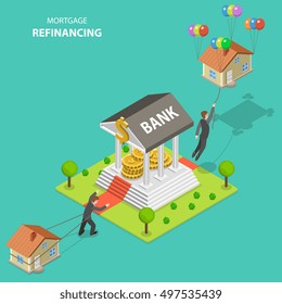 Mortgage refinancing isometric flat vector illustration. A man drags his house alone toward to the bank. After bank visit he flies out because the house is not heavy anymore.