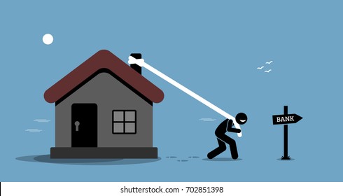 Mortgage Refinancing Loan. Man dragging his house or home to borrow money from the bank. 