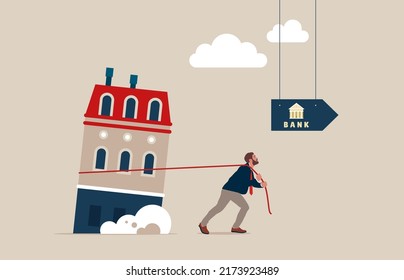 Mortgage Refinancing Loan-male Dragging House To The Bank. Vector Illustration In Flat Style.