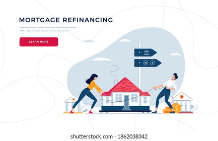 Mortgage refinancing web template. Co-borrowers push, drag house to the bank for house pawning with getting cash out. Re-mortgage, property refinance concept for landing page. Flat vector illustration