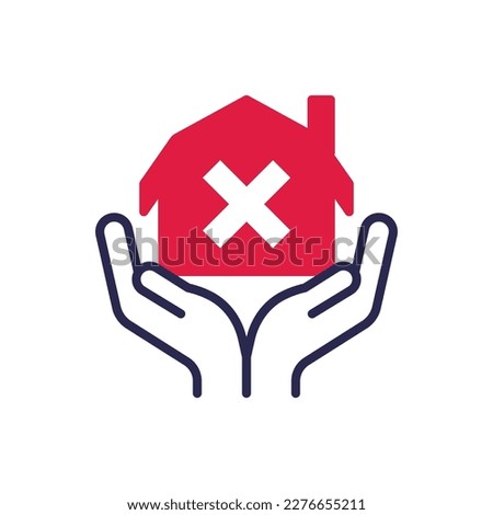 Mortgage is rejected. House with cross mark in hands. Loan is declined. Thin line icon. Vector illustration.